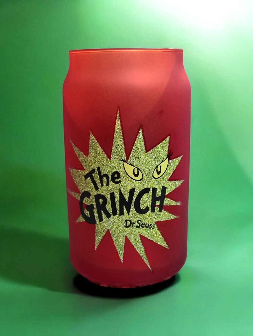 Dr. Seuss The Grinch Frosted Red Mason Style Cup with Green Glitter Graphic